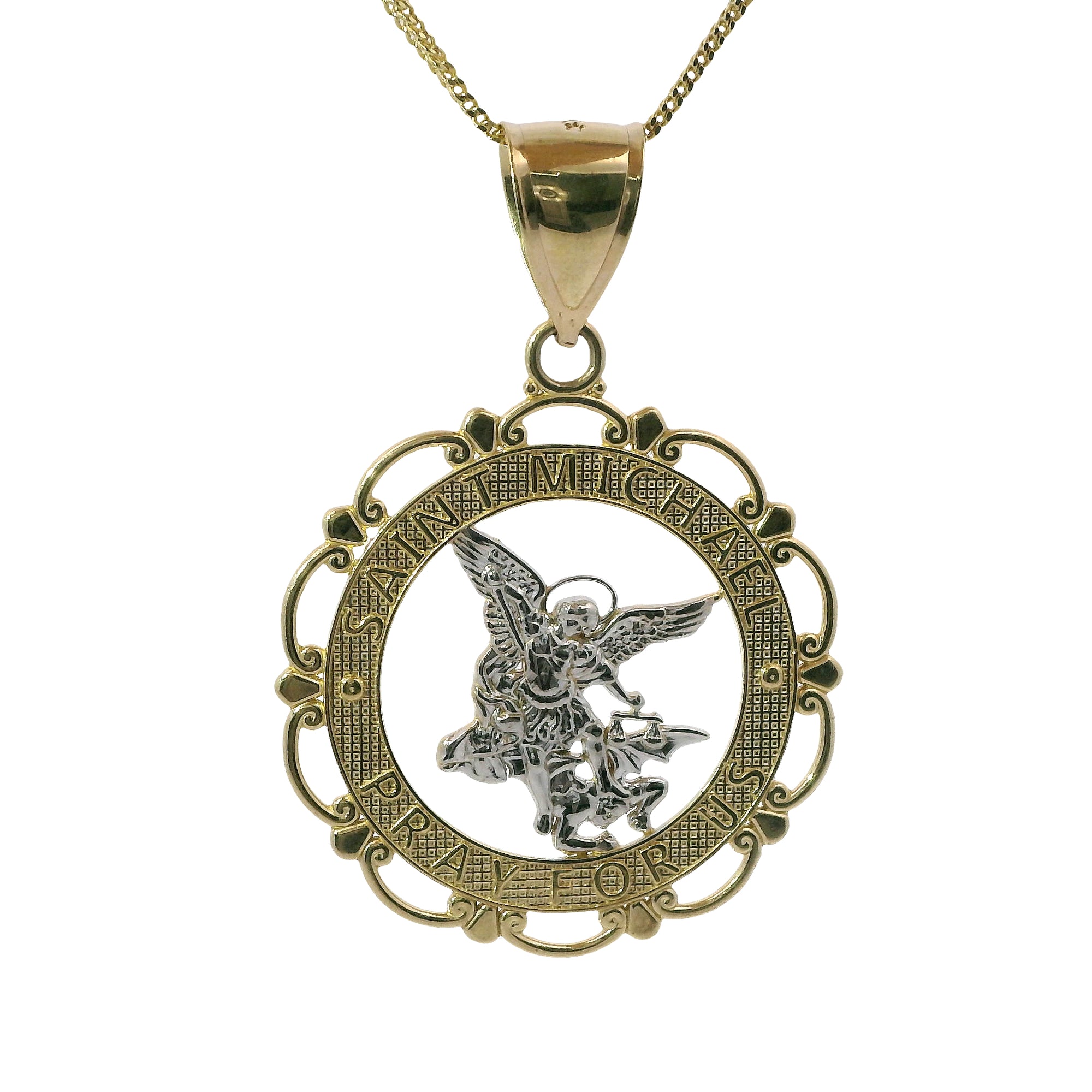 14KT Gold Charm Large Two Tone Open Center St Michael "PRAY FOR US" Coin with Open Scallop Edge and Plain Bell