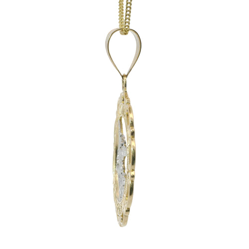 14KT Gold Charm Large Two Tone Open Center St Michael "PRAY FOR US" Coin with Open Scallop Edge and Plain Bell