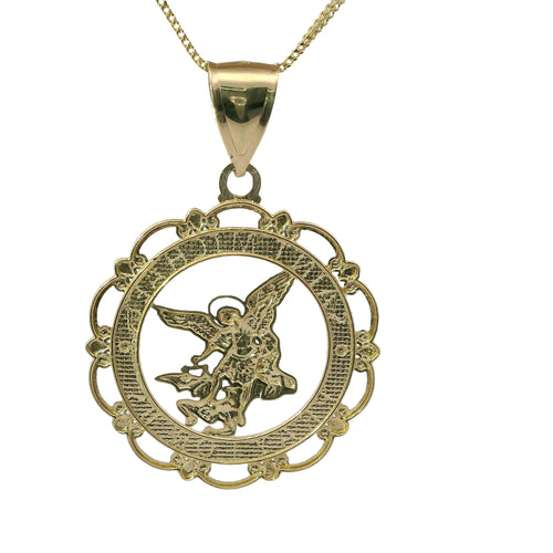 14KT Gold Charm Large Two Tone Open Center St Michael "PRAY FOR US" Coin with Open Scallop Edge and Plain Bell