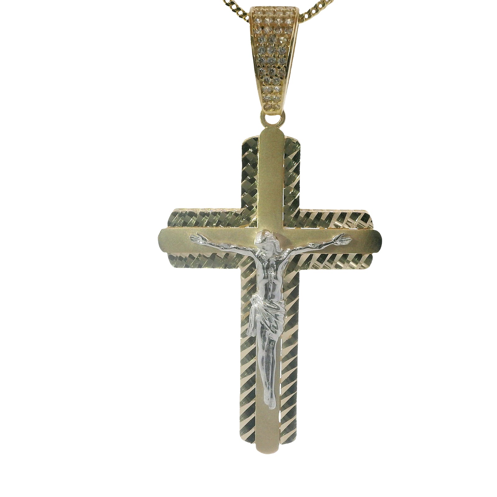 14KT Gold Charm Large Two Tone Plain Crucifix Center Cross with Diamond Cut Border, Rounded White CZ Stones Edge and White CZ Stones Bell