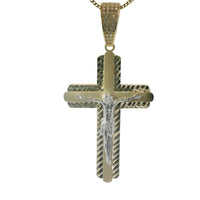 14KT Gold Charm Large Two Tone Plain Crucifix Center Cross with Diamond Cut Border, Rounded White CZ Stones Edge and White CZ Stones Bell