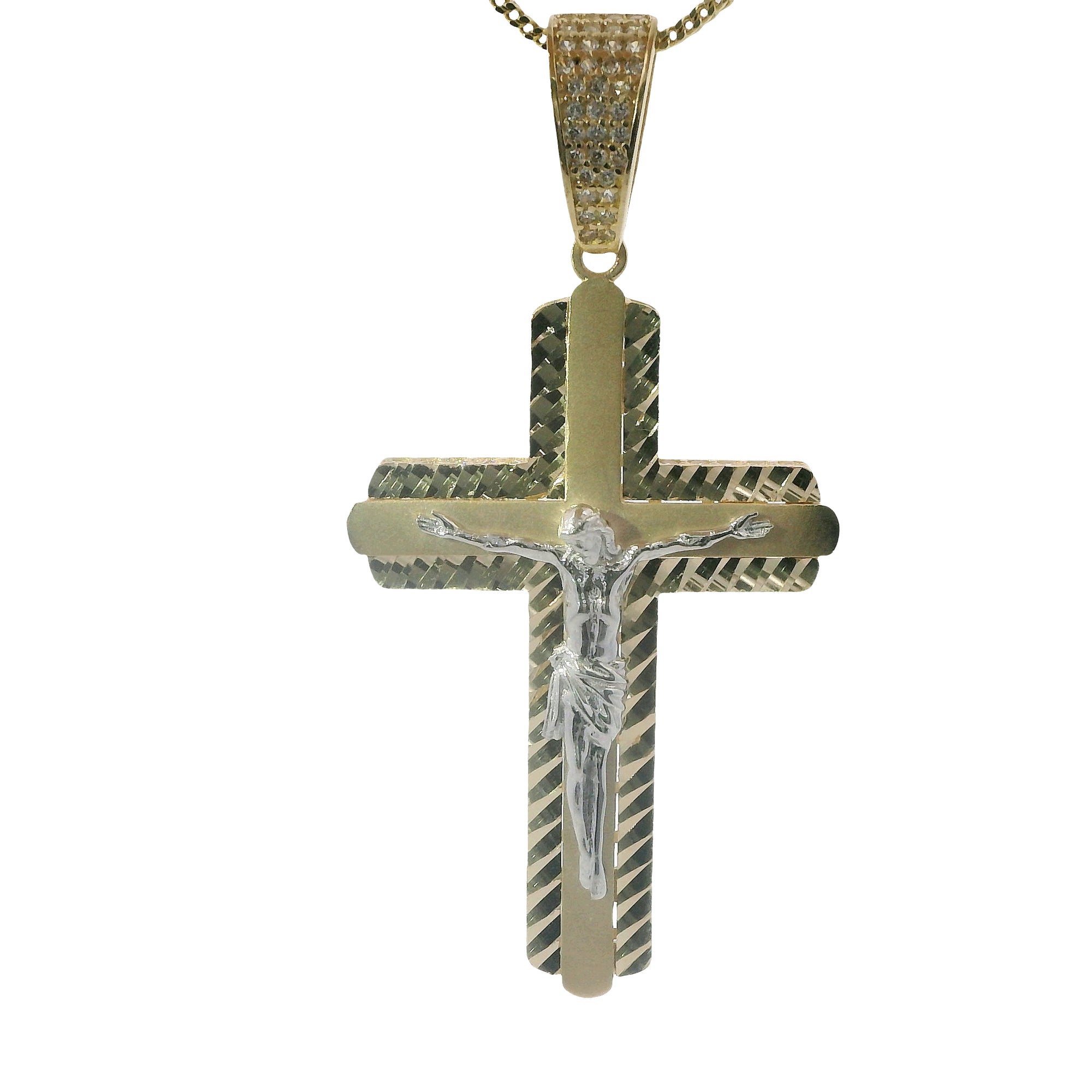 14KT Gold Charm Large Two Tone Plain Crucifix Center Cross with Diamond Cut Border, Rounded White CZ Stones Edge and White CZ Stones Bell