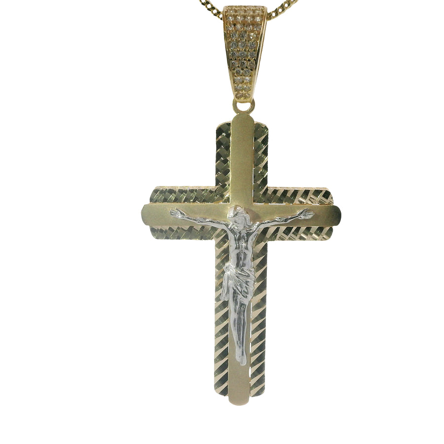 14KT Gold Charm Large Two Tone Plain Crucifix Center Cross with Diamond Cut Border, Rounded White CZ Stones Edge and White CZ Stones Bell