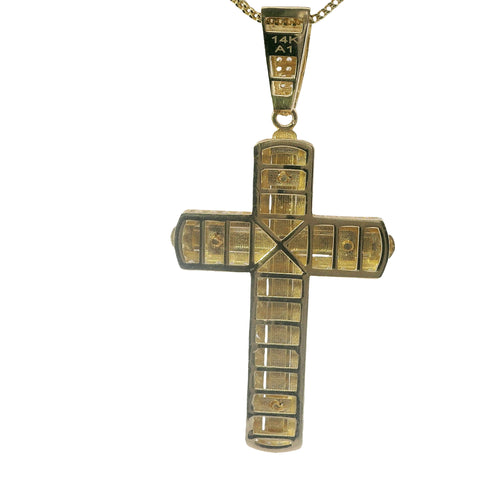 14KT Gold Charm Large Two Tone Plain Crucifix Center Cross with Diamond Cut Border, Rounded White CZ Stones Edge and White CZ Stones Bell