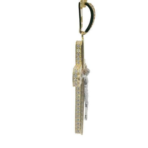14KT Gold Charm Large Two Tone Plain Crucifix Center Cross with Diamond Cut Border, Rounded White CZ Stones Edge and White CZ Stones Bell