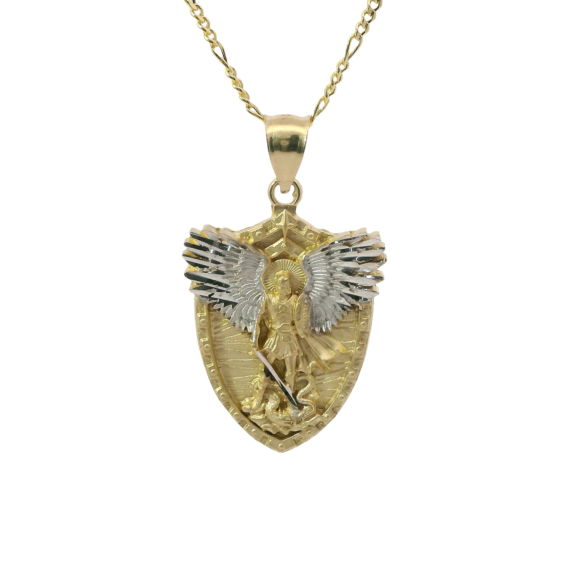 14KT Gold Charm Large Two Tone Gardian Angel Shield Shape Coin with White Gold Diamond Cut Wings and Plain Bell