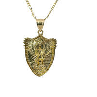 14KT Gold Charm Large Two Tone Gardian Angel Shield Shape Coin with White Gold Diamond Cut Wings and Plain Bell