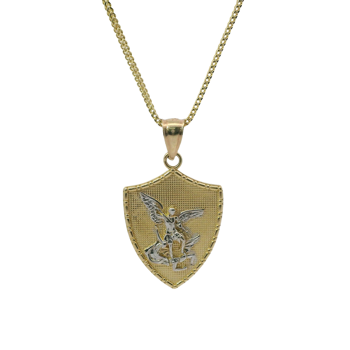 14KT Gold Charm Large Two Tone St Michael Shield Shape Coin with White Gold Diamond Cut Wings and Plain Bell