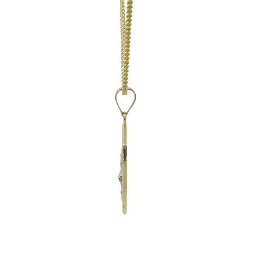 14KT Gold Charm Large Two Tone St Michael Shield Shape Coin with White Gold Diamond Cut Wings and Plain Bell