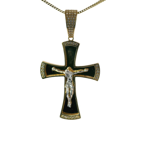 14KT Gold Charm Large Two Tone Sunken Center Crucifix Cross with Flared White CZ Stones Ends, Plain Back Plate, and White CZ Stones Bell