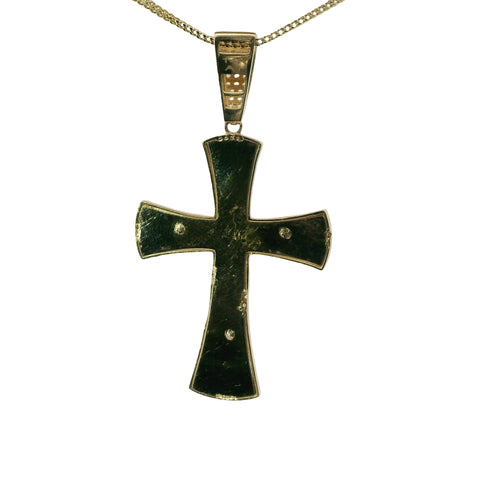 14KT Gold Charm Large Two Tone Sunken Center Crucifix Cross with Flared White CZ Stones Ends, Plain Back Plate, and White CZ Stones Bell