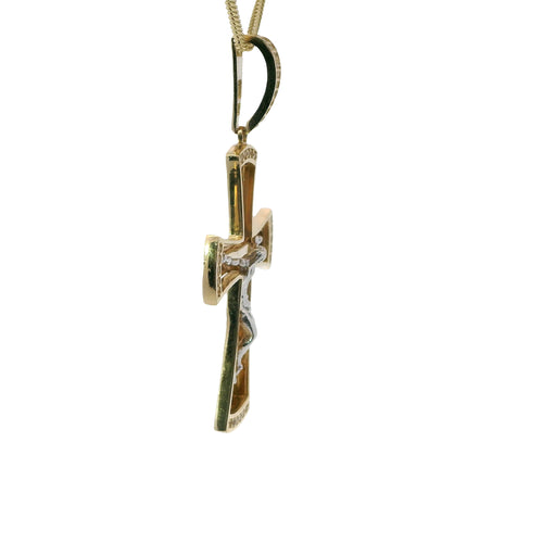 14KT Gold Charm Large Two Tone Sunken Center Crucifix Cross with Flared White CZ Stones Ends, Plain Back Plate, and White CZ Stones Bell