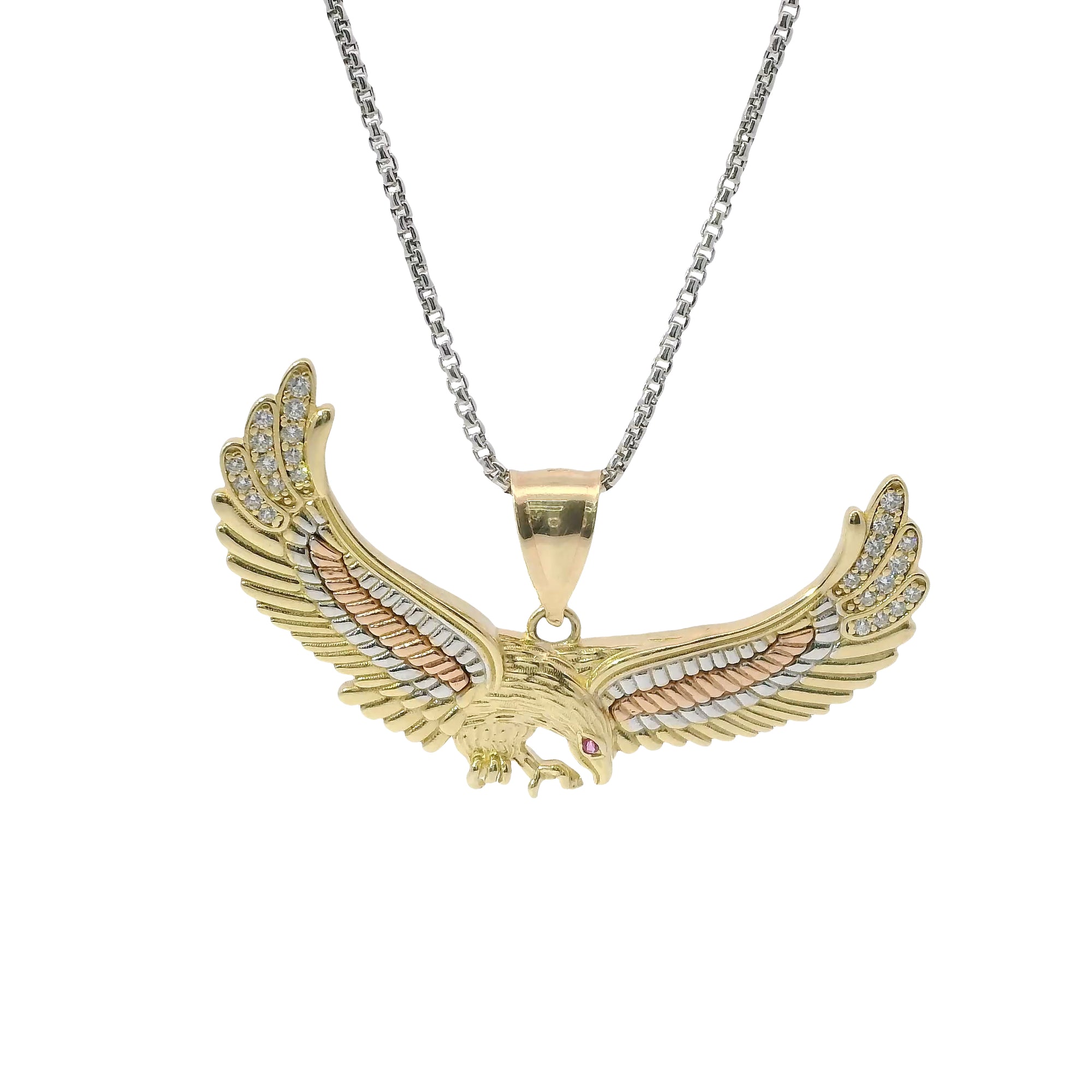 14KT Gold Charm Large Tri Tone Soring Eagle with Red CZ Eye, White CZ Stones Wing Tips, and Plain Bell