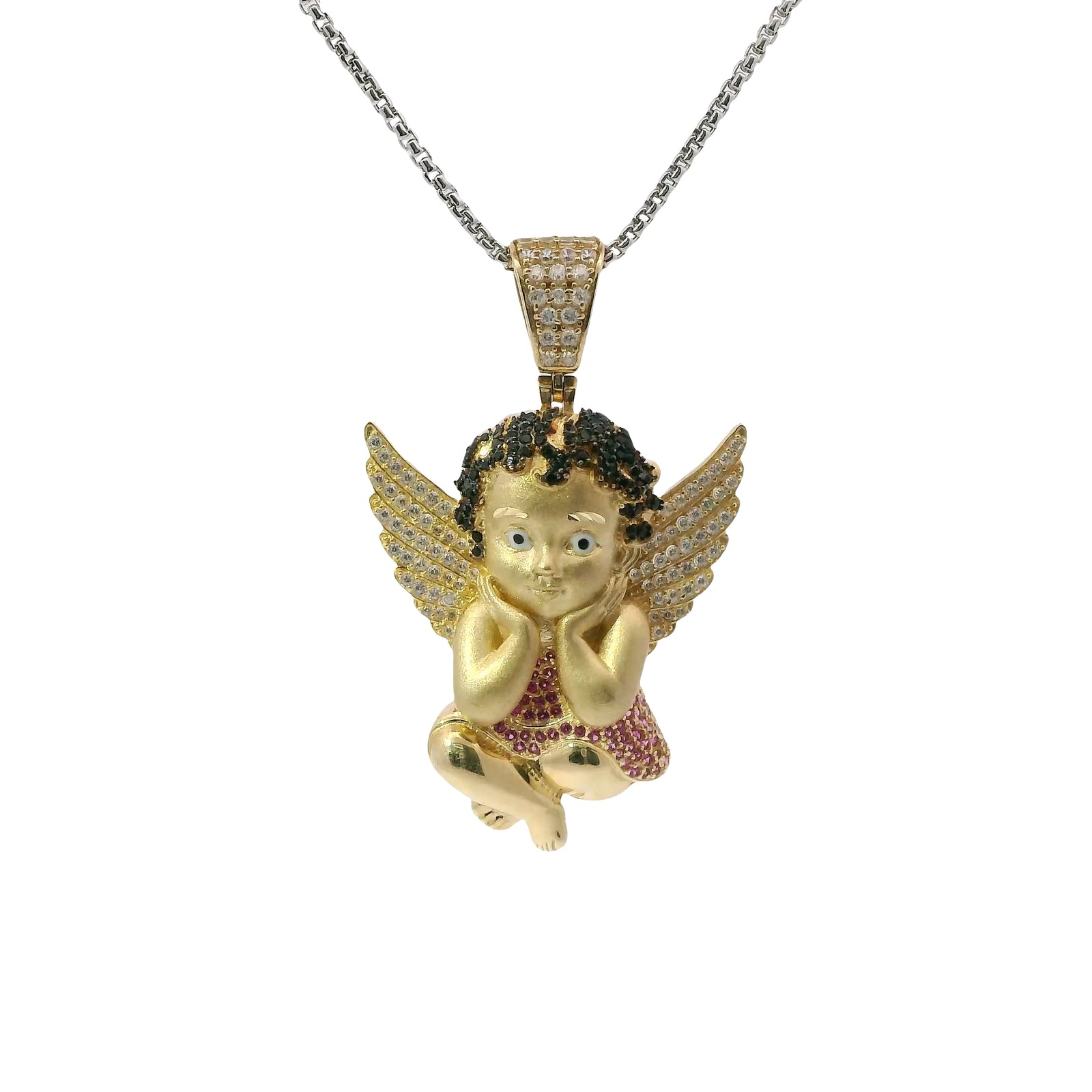 14KT Gold Charm Large 3D Baby Angel Flat Back with Dark Pink Robe, Black CZ Stones Hair, and White CZ Stones Wings and Bell
