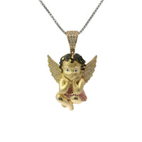 14KT Gold Charm Large 3D Baby Angel Flat Back with Dark Pink Robe, Black CZ Stones Hair, and White CZ Stones Wings and Bell
