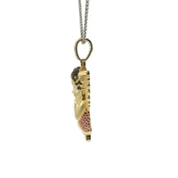14KT Gold Charm Large 3D Baby Angel Flat Back with Dark Pink Robe, Black CZ Stones Hair, and White CZ Stones Wings and Bell