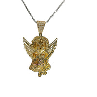 14KT Gold Charm Large 3D Baby Angel Flat Back with Dark Pink Robe, Black CZ Stones Hair, and White CZ Stones Wings and Bell