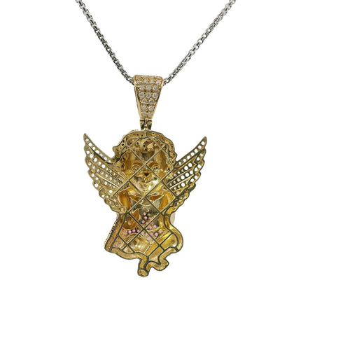 14KT Gold Charm Large 3D Baby Angel Flat Back with Dark Pink Robe, Black CZ Stones Hair, and White CZ Stones Wings and Bell