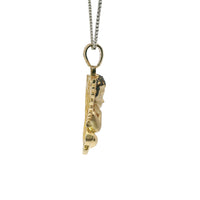 14KT Gold Charm Large 3D Baby Angel Flat Back with Dark Pink Robe, Black CZ Stones Hair, and White CZ Stones Wings and Bell