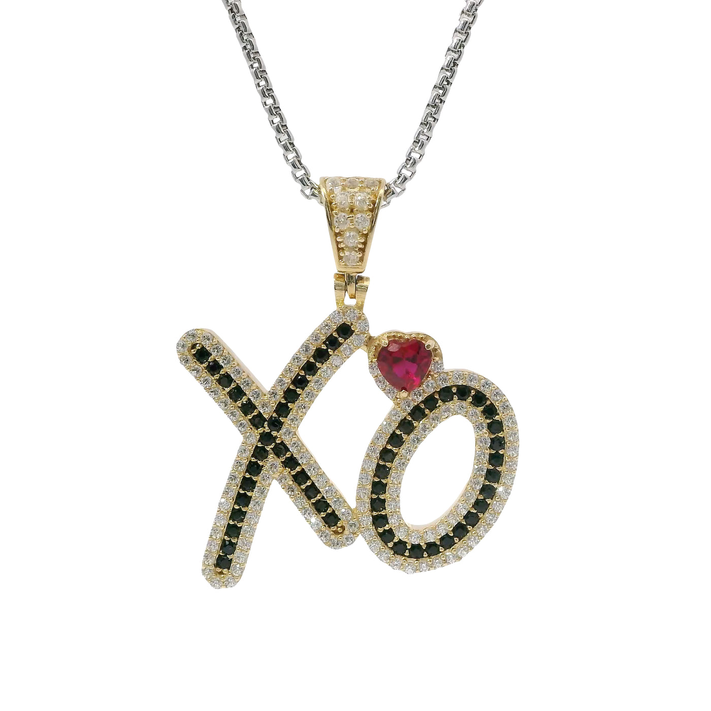 14KT Gold Charm Large Hug and Kiss Red CZ Heart "XO" Black CZ Stone Center with White CZ Stones Border and Bell