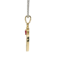 14KT Gold Charm Large Hug and Kiss Red CZ Heart "XO" Black CZ Stone Center with White CZ Stones Border and Bell