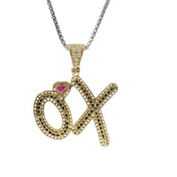 14KT Gold Charm Large Hug and Kiss Red CZ Heart "XO" Black CZ Stone Center with White CZ Stones Border and Bell