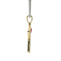 14KT Gold Charm Large Hug and Kiss Red CZ Heart "XO" Black CZ Stone Center with White CZ Stones Border and Bell