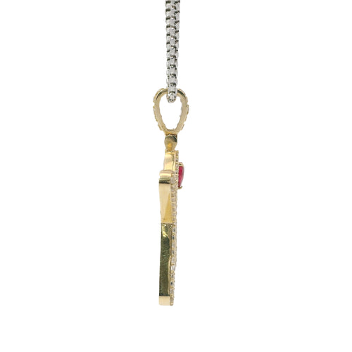 14KT Gold Charm Large Hug and Kiss Red CZ Heart "XO" Black CZ Stone Center with White CZ Stones Border and Bell