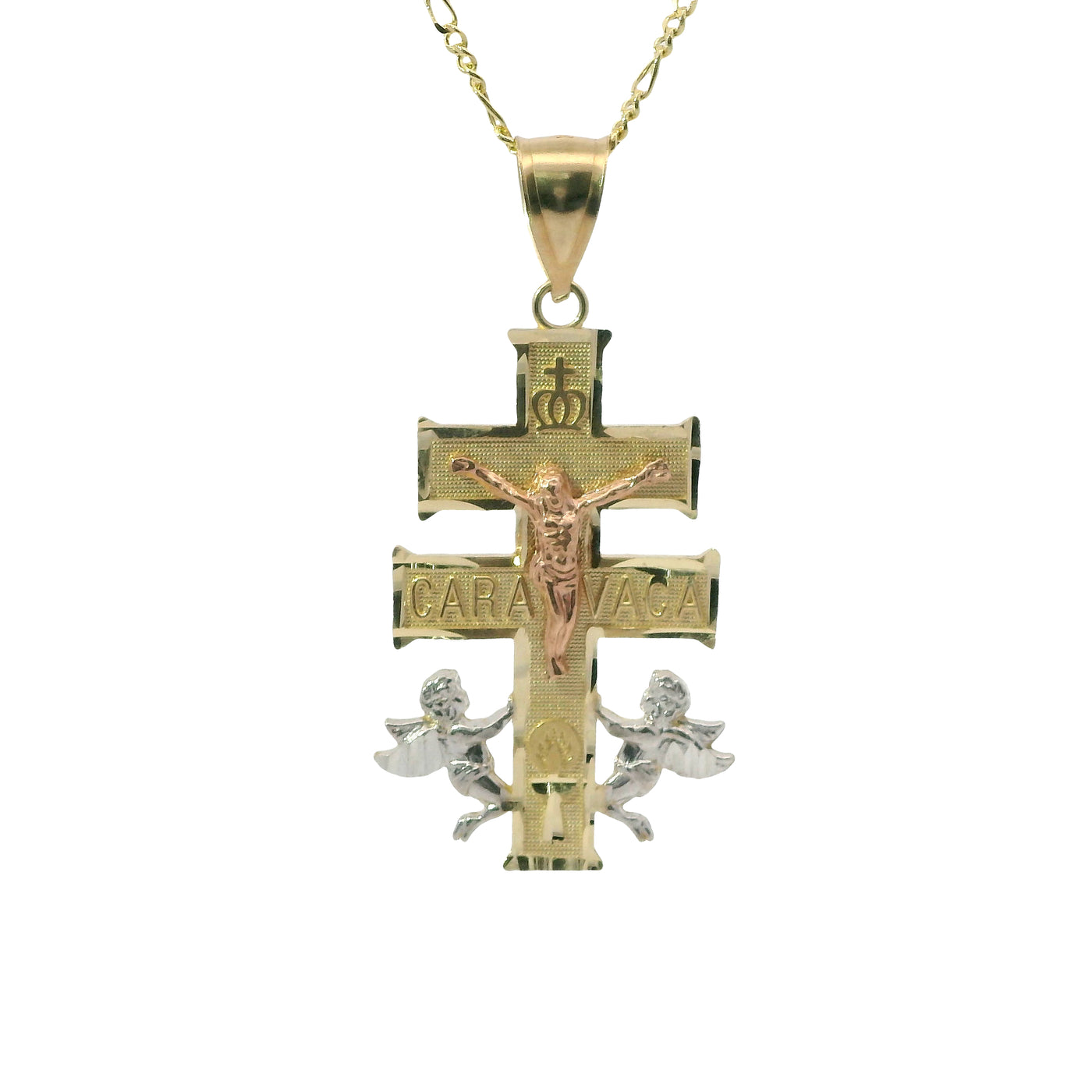 14KT Gold Charm Large Tri Tone Caravaca Crucifix Cross with Plain Bell