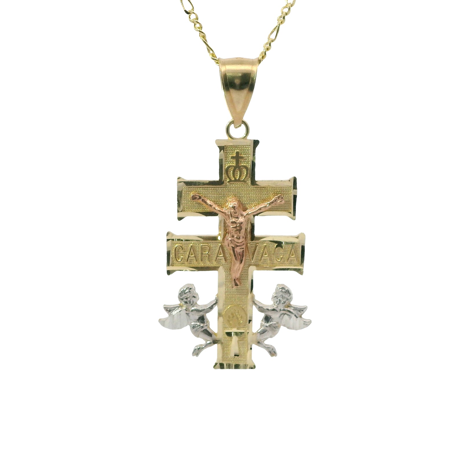 14KT Gold Charm Large Tri Tone Caravaca Crucifix Cross with Plain Bell
