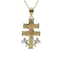 14KT Gold Charm Large Tri Tone Caravaca Crucifix Cross with Plain Bell