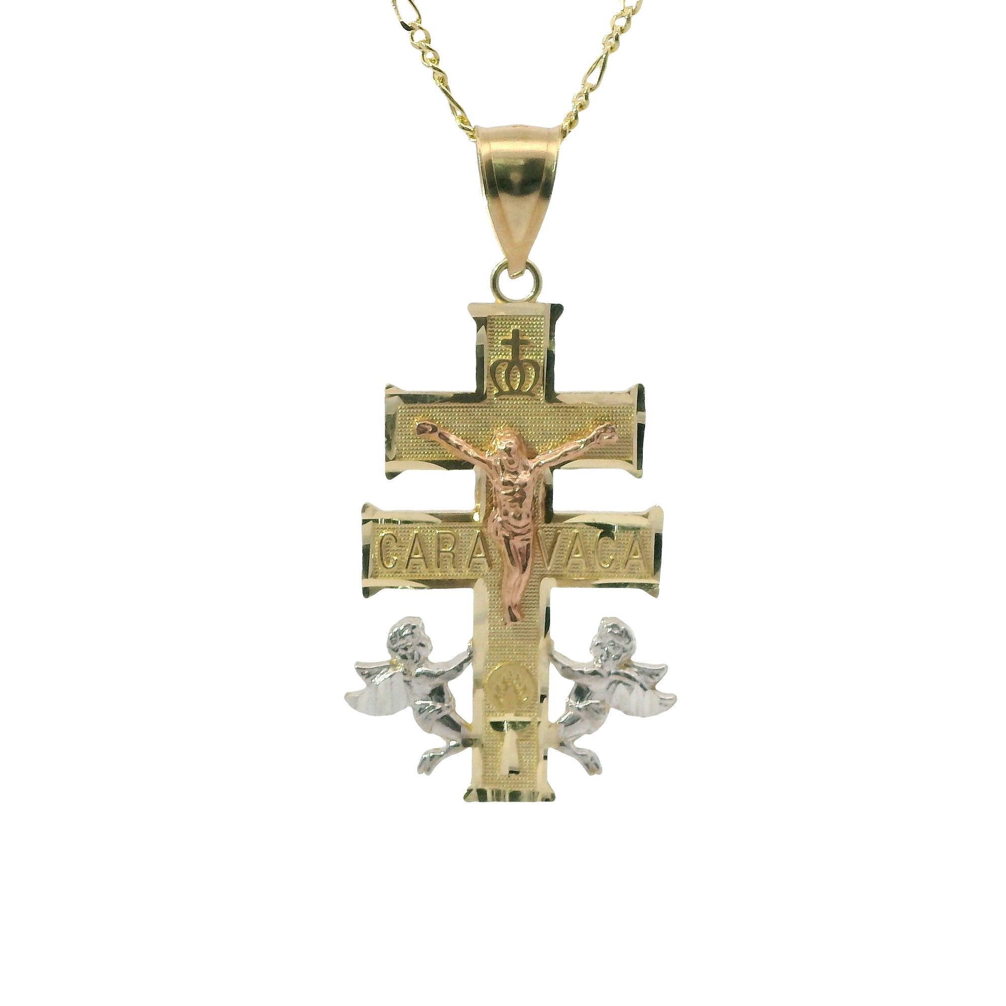 14KT Gold Charm Large Tri Tone Caravaca Crucifix Cross with Plain Bell