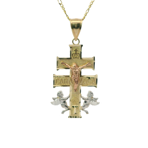 14KT Gold Charm Large Tri Tone Caravaca Crucifix Cross with Plain Bell