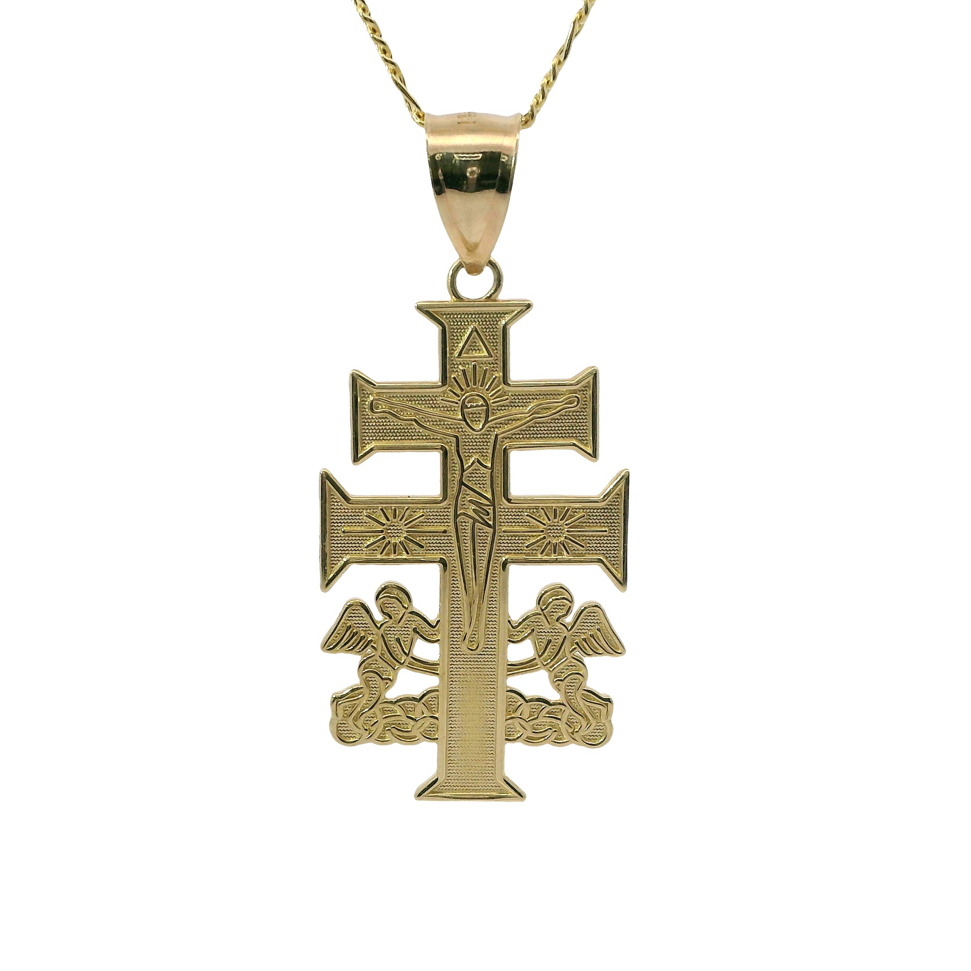 14KT Gold Charm Large Flat Caravaca Crucifix Cross with Plain Bell