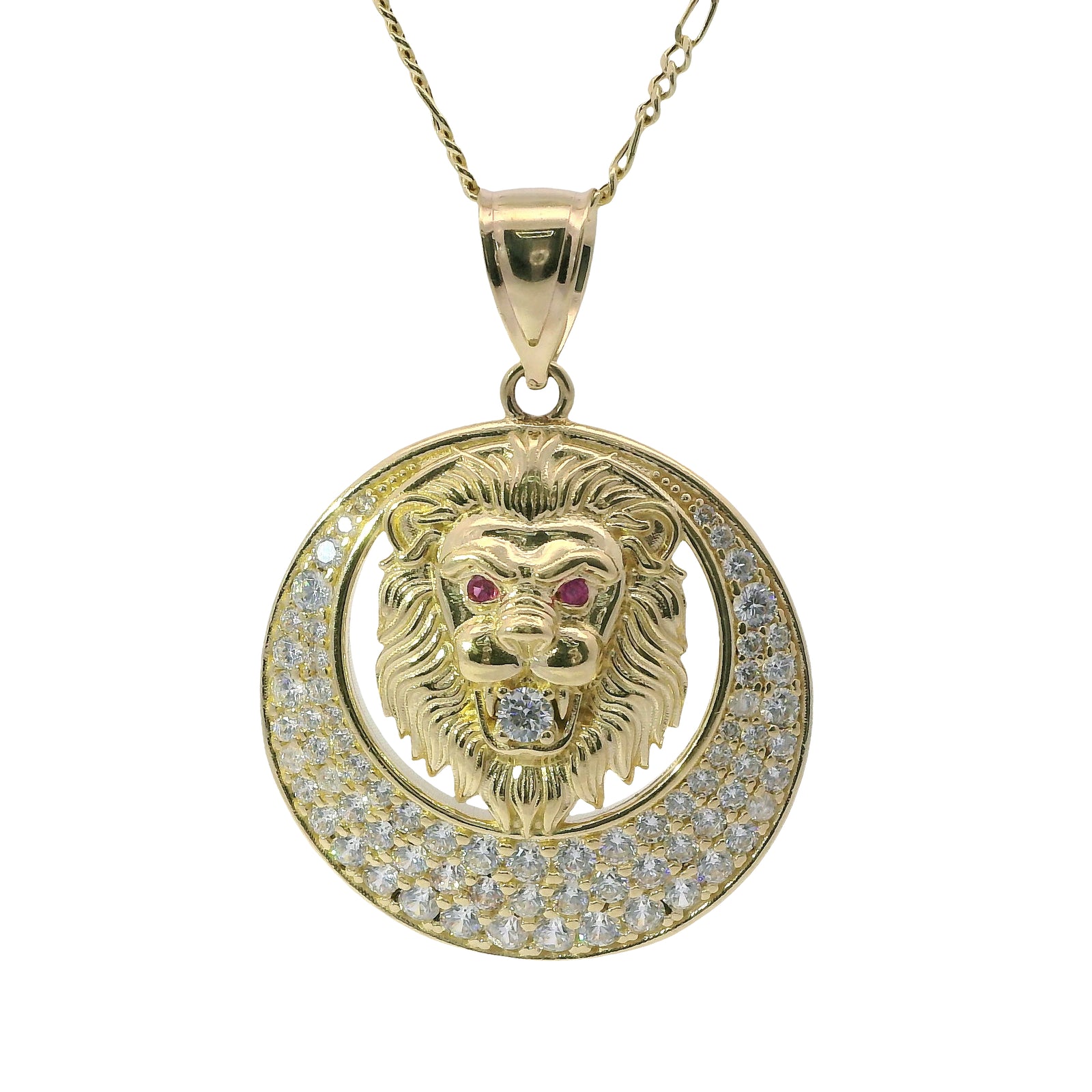 14KT Gold Charm Large Etched Lion Head Center with Red CZ Stones Eyes, White CZ Stone Mouth, Cresent Frame and Plain Bell