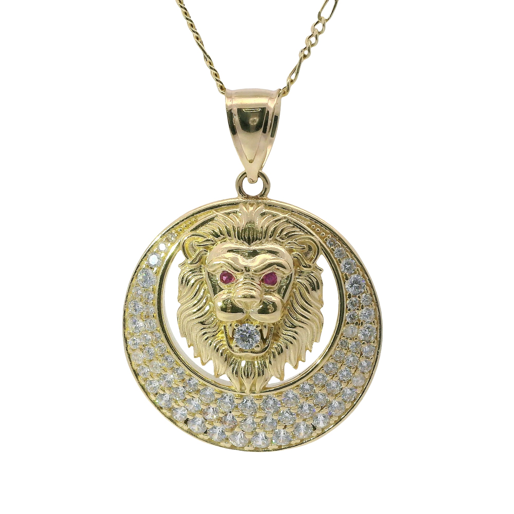 14KT Gold Charm Large Etched Lion Head Center with Red CZ Stones Eyes, White CZ Stone Mouth, Cresent Frame and Plain Bell