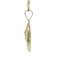 14KT Gold Charm Large Etched Lion Head Center with Red CZ Stones Eyes, White CZ Stone Mouth, Cresent Frame and Plain Bell