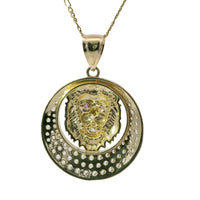 14KT Gold Charm Large Etched Lion Head Center with Red CZ Stones Eyes, White CZ Stone Mouth, Cresent Frame and Plain Bell