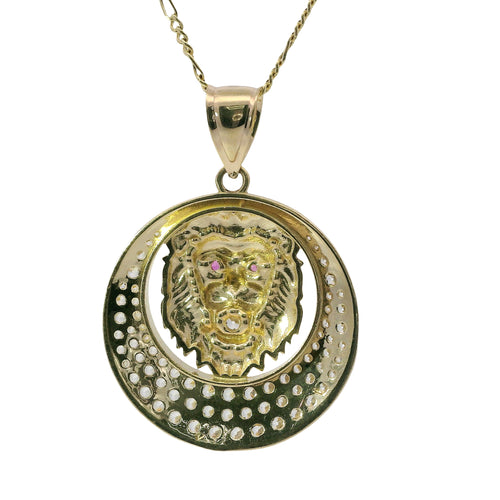 14KT Gold Charm Large Etched Lion Head Center with Red CZ Stones Eyes, White CZ Stone Mouth, Cresent Frame and Plain Bell