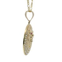 14KT Gold Charm Large Etched Lion Head Center with Red CZ Stones Eyes, White CZ Stone Mouth, Cresent Frame and Plain Bell