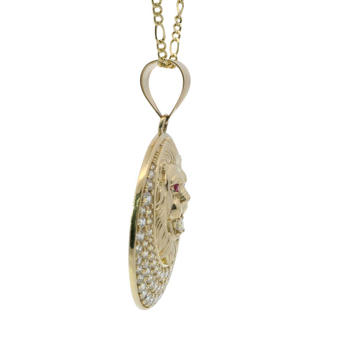 14KT Gold Charm Large Etched Lion Head Center with Red CZ Stones Eyes, White CZ Stone Mouth, Cresent Frame and Plain Bell