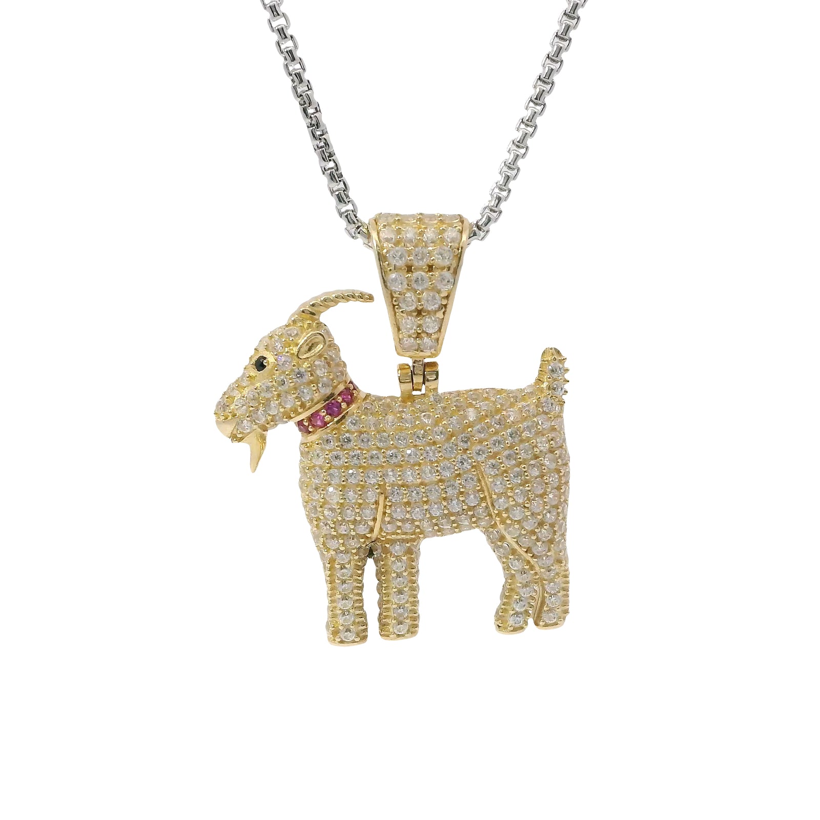 14KT Gold Charm Medium 3D Goat with Flat Back Green CZ Stone Eye, Dark Pink CZ Stones Collar, and White CZ Stones Body and Bell