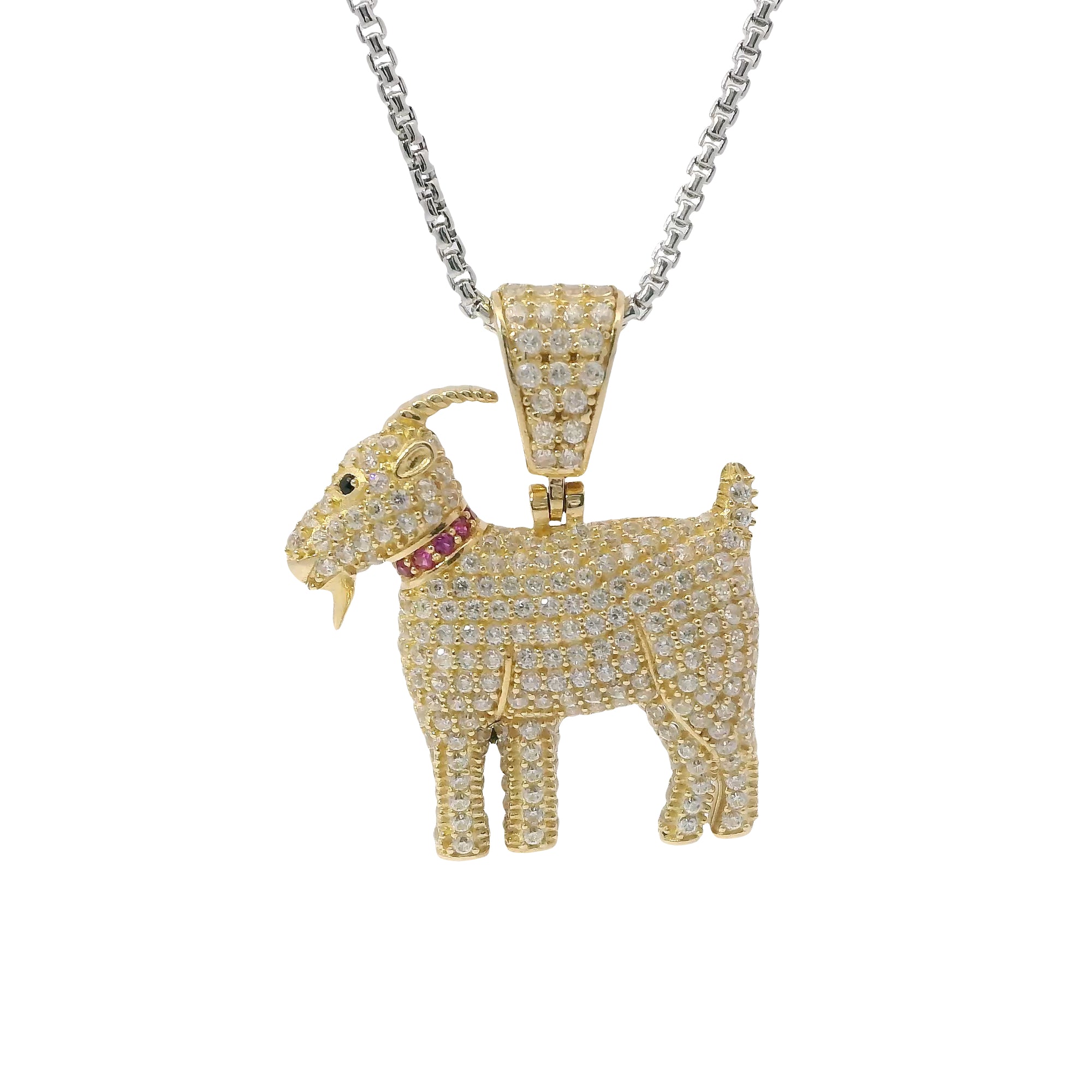 14KT Gold Charm Medium 3D Goat with Flat Back Green CZ Stone Eye, Dark Pink CZ Stones Collar, and White CZ Stones Body and Bell