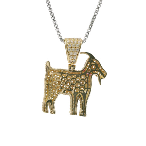 14KT Gold Charm Medium 3D Goat with Flat Back Green CZ Stone Eye, Dark Pink CZ Stones Collar, and White CZ Stones Body and Bell
