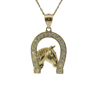 14KT Gold Charm Large Horsehead Center with White CZ Stones Horseshoe Border and Plain Bell