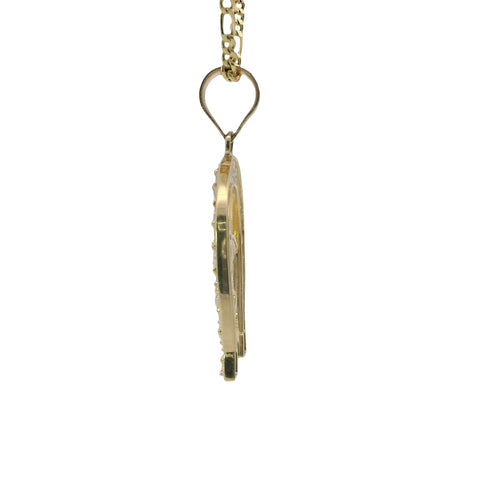 14KT Gold Charm Large Horsehead Center with White CZ Stones Horseshoe Border and Plain Bell
