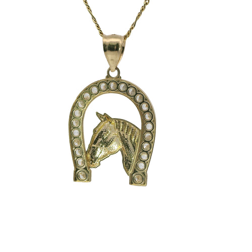 14KT Gold Charm Large Horsehead Center with White CZ Stones Horseshoe Border and Plain Bell