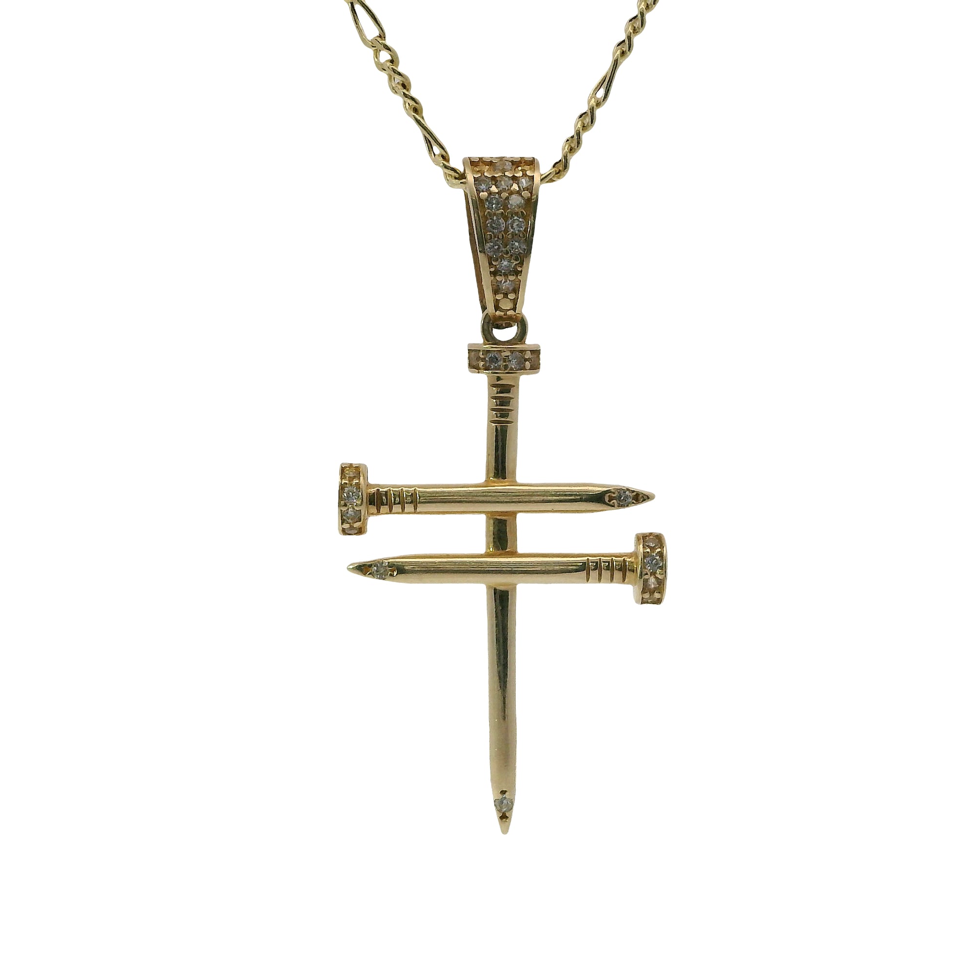 14KT Gold Charm Large Triple Nail Cross with White CZ Stones Nail Heads and Bell