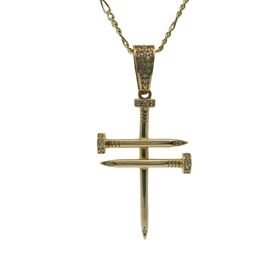 14KT Gold Charm Large Triple Nail Cross with White CZ Stones Nail Heads and Bell