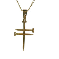 14KT Gold Charm Large Triple Nail Cross with White CZ Stones Nail Heads and Bell